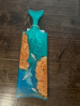 Fishtail Style Charcuterie Board with Maple Burl Wood and Turquoise and Blue Resin